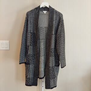 J. Jill Wool Blend Longline Cardigan Patchwork Black White SIze M Cozy